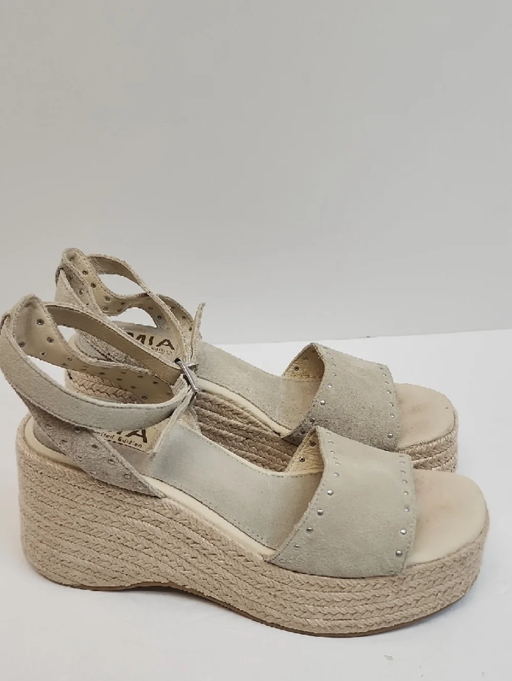 MIA Beige Suede Studded Espadrille Wedge Sandals Size 7.5